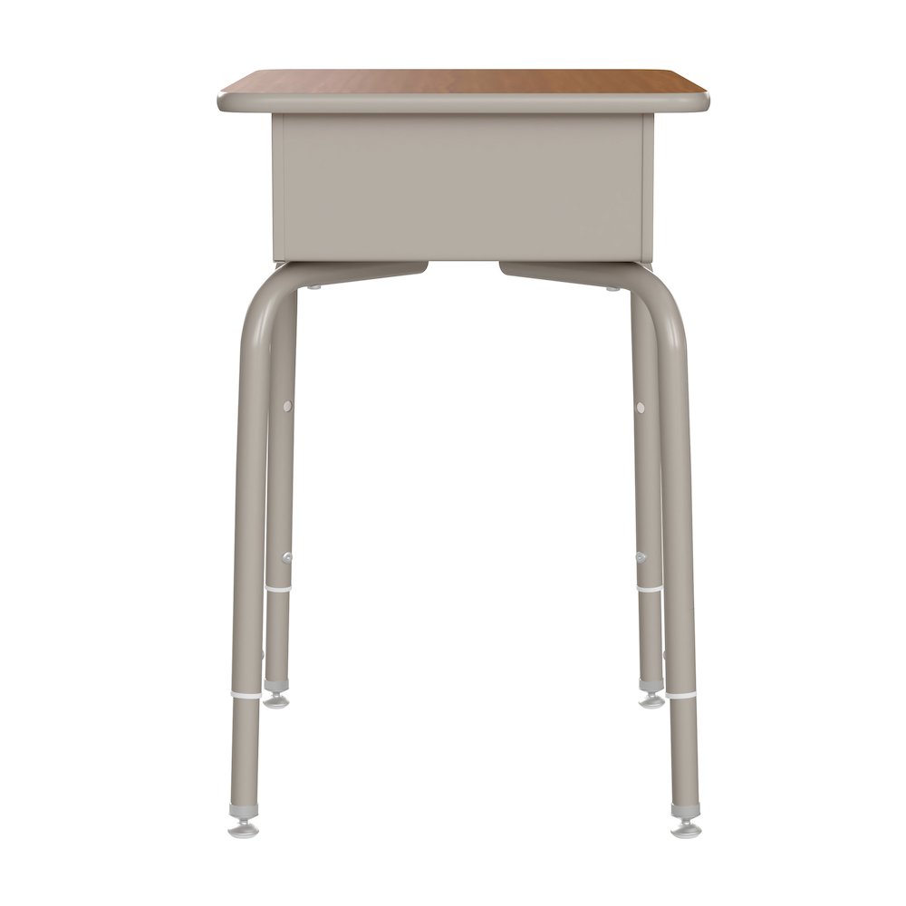 Desk with Open Front Metal Book Box, Walnut Desktop, Black Stack Chair. Picture 8