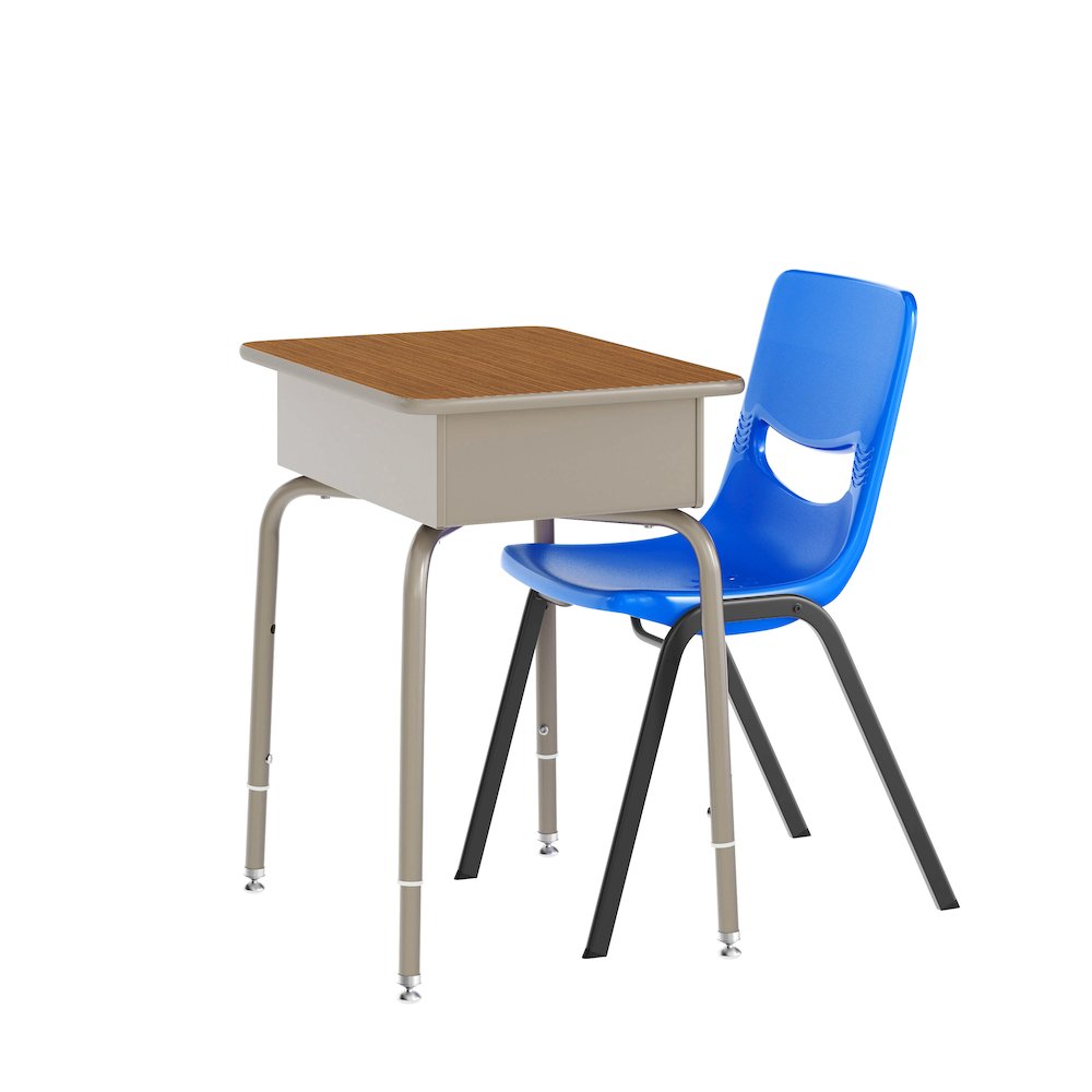Desk with Open Front Metal Book Box, Walnut Desktop, Navy Stack Chair. Picture 1