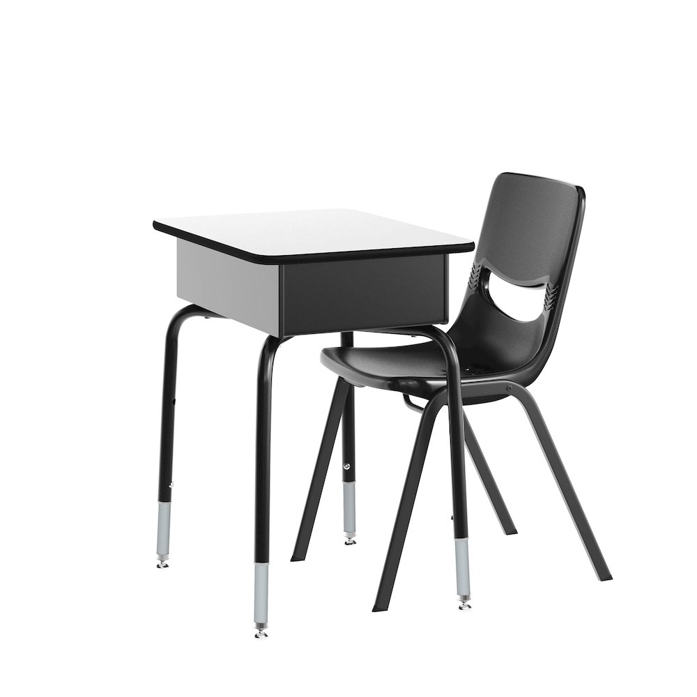Desk with Open Front Metal Book Box, Gray Desktop, Black Stack Chair. Picture 1