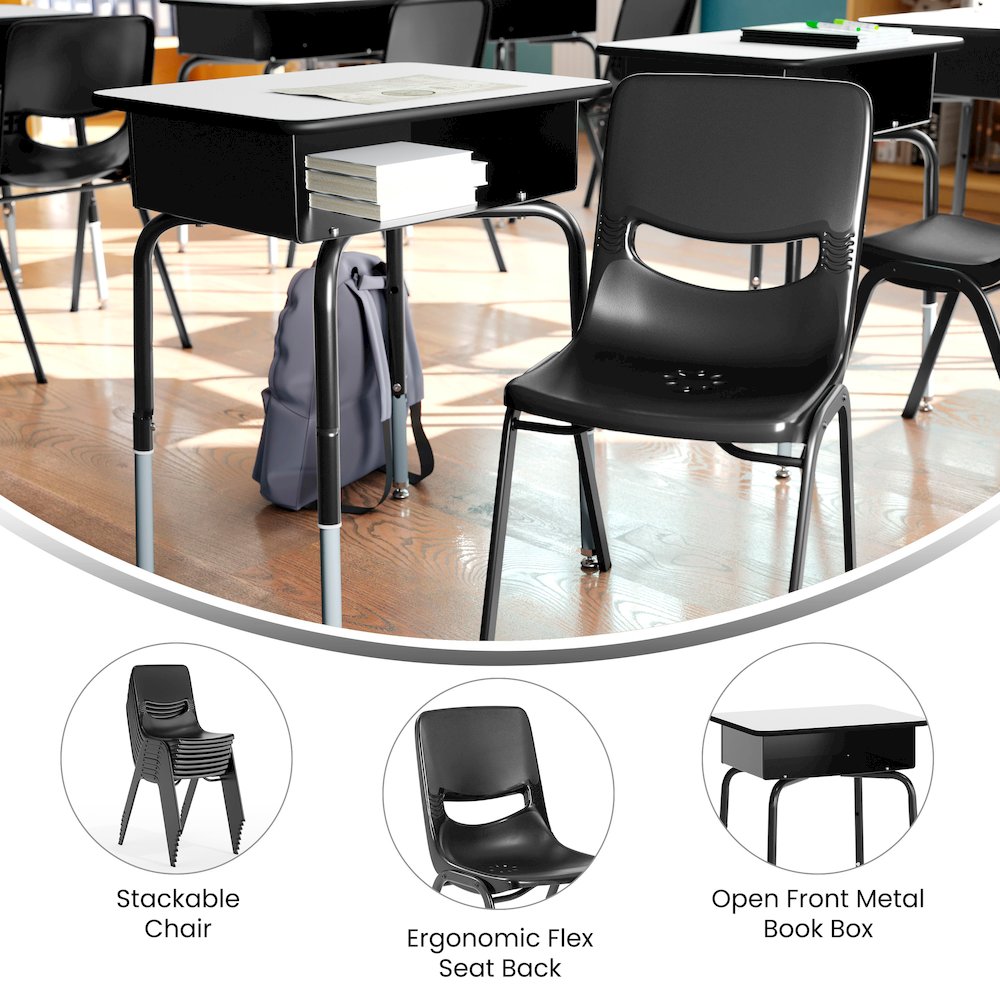 Desk with Open Front Metal Book Box, Gray Desktop, Black Stack Chair. Picture 4