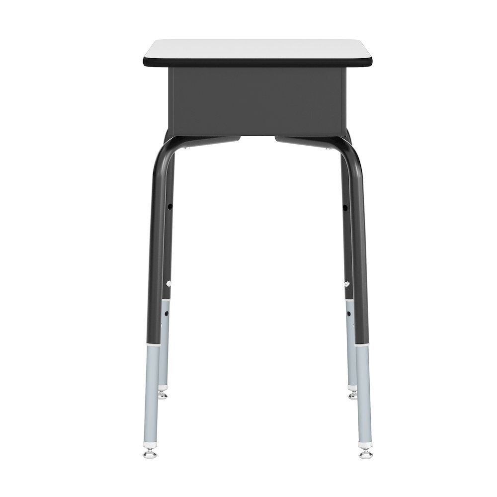 Desk with Open Front Metal Book Box, Gray Desktop, Black Stack Chair. Picture 8
