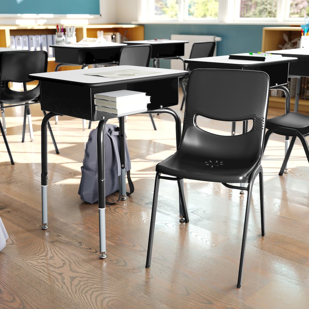 Desk with Open Front Metal Book Box, Gray Desktop, Black Stack Chair. Picture 3