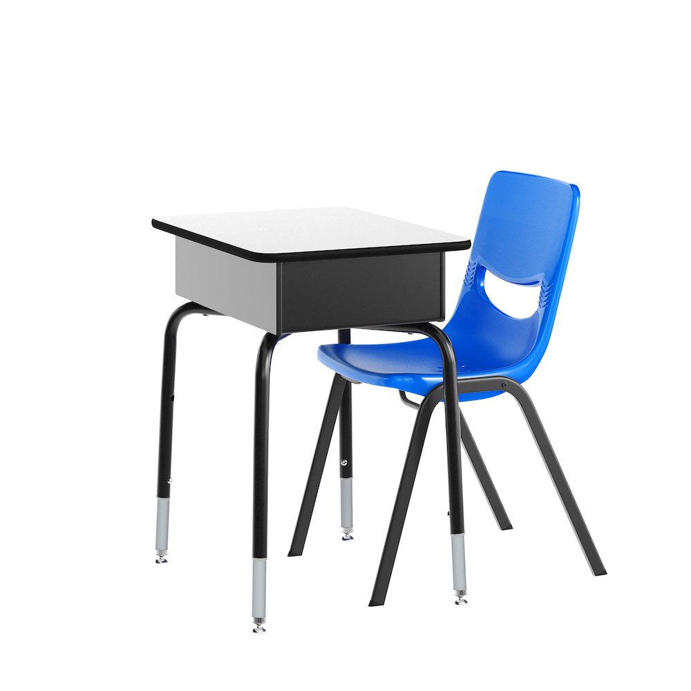 Desk with Open Front Metal Book Box, Gray Desktop, Navy Stack Chair. Picture 1