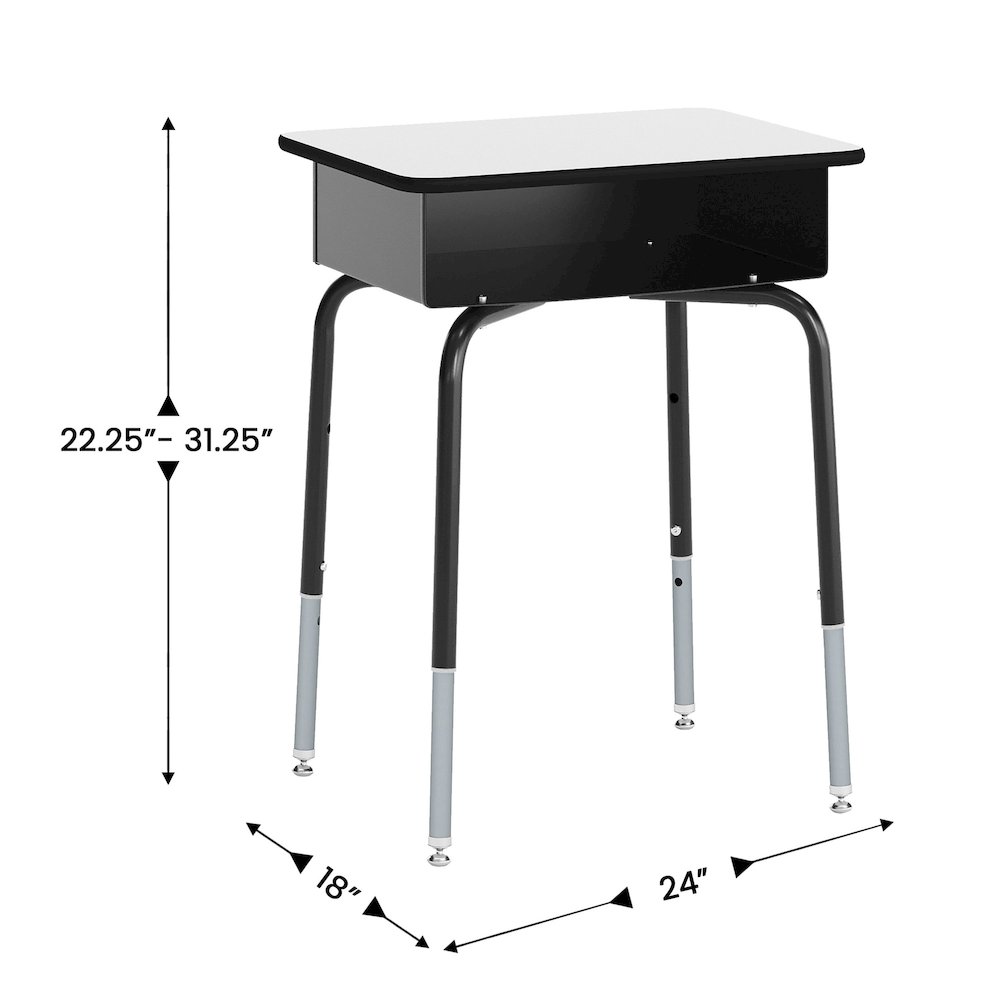 Desk with Open Front Metal Book Box, Gray Desktop, Navy Stack Chair. Picture 5