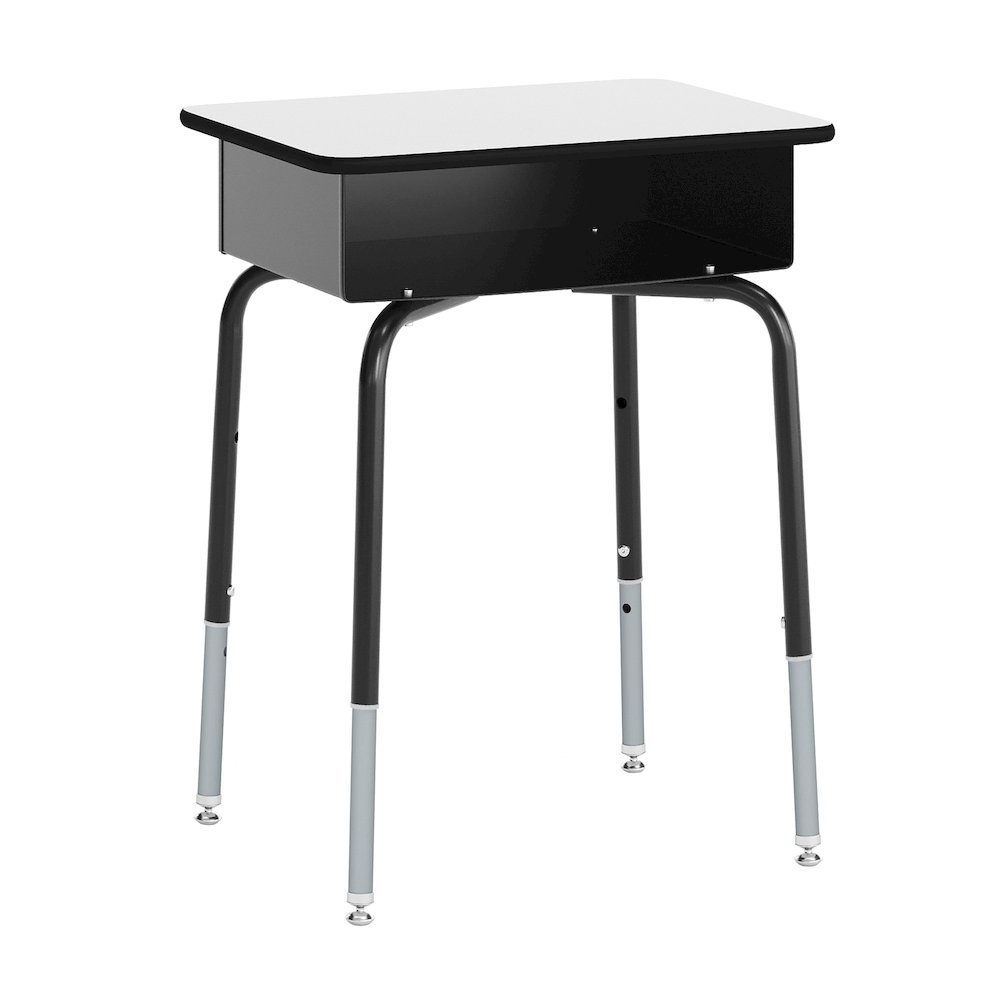 Desk with Open Front Metal Book Box, Gray Desktop, Navy Stack Chair. Picture 7