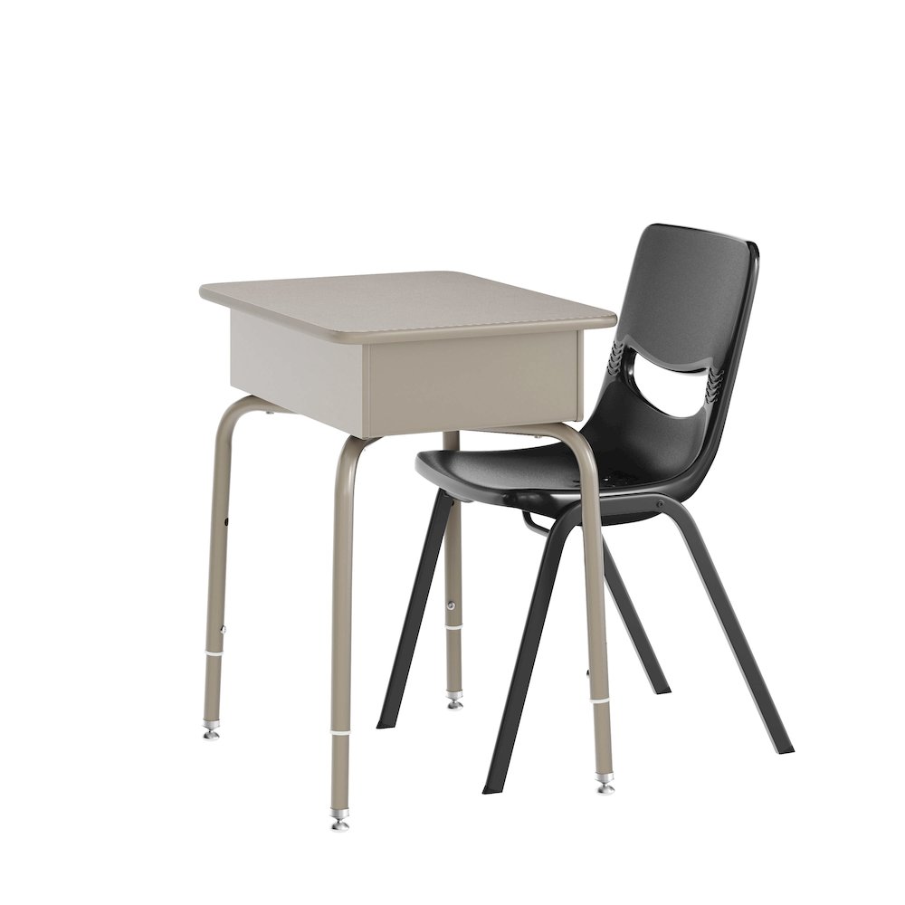 Desk with Open Front Metal Book Box, Gray Granite Desktop, Black Stack Chair. Picture 1