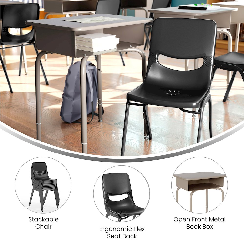 Desk with Open Front Metal Book Box, Gray Granite Desktop, Black Stack Chair. Picture 4