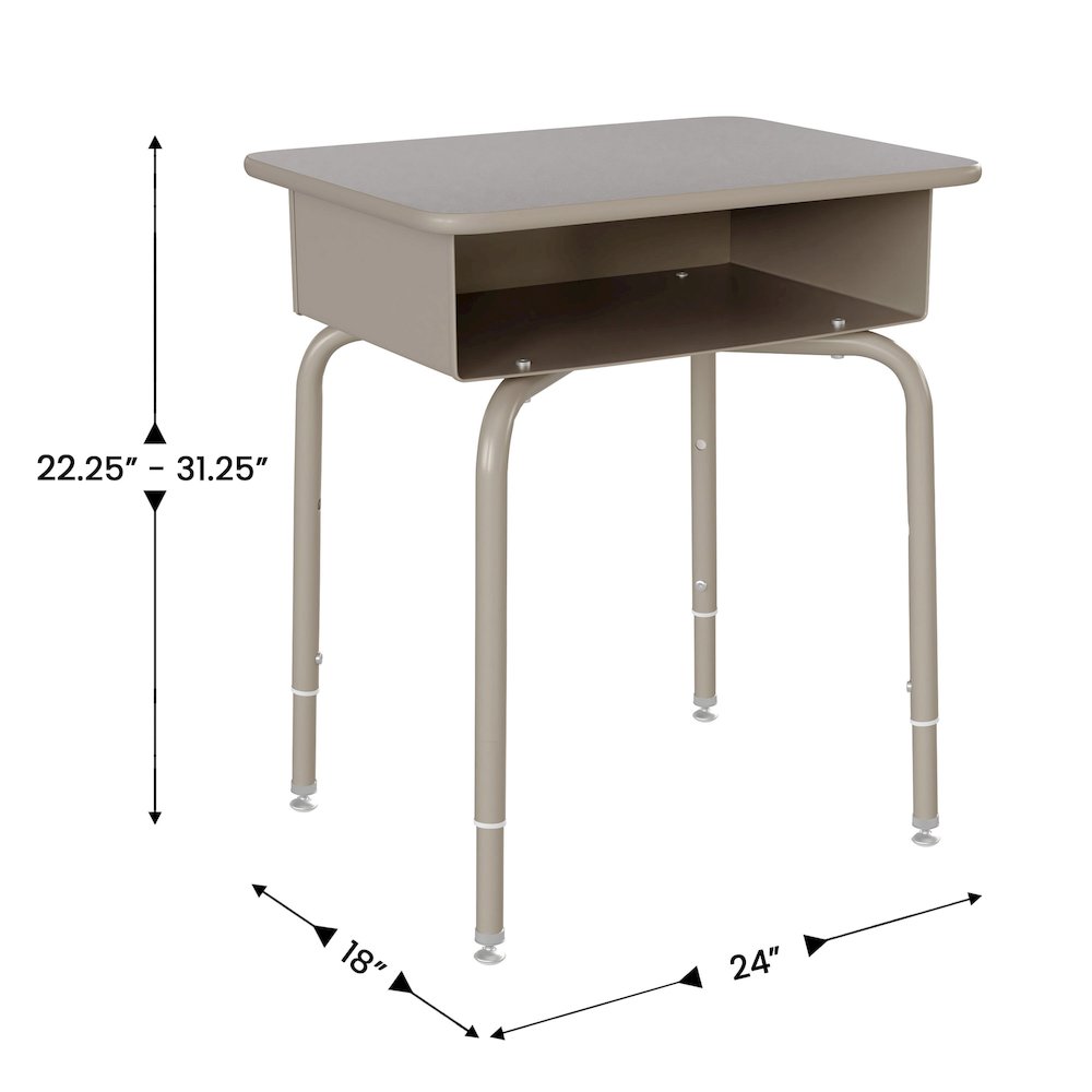 Desk with Open Front Metal Book Box, Gray Granite Desktop, Black Stack Chair. Picture 5