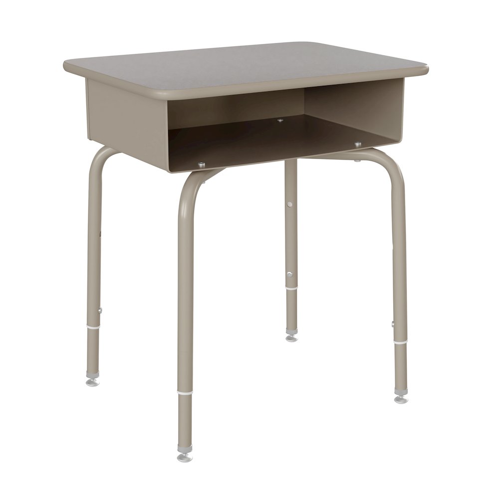 Desk with Open Front Metal Book Box, Gray Granite Desktop, Black Stack Chair. Picture 7
