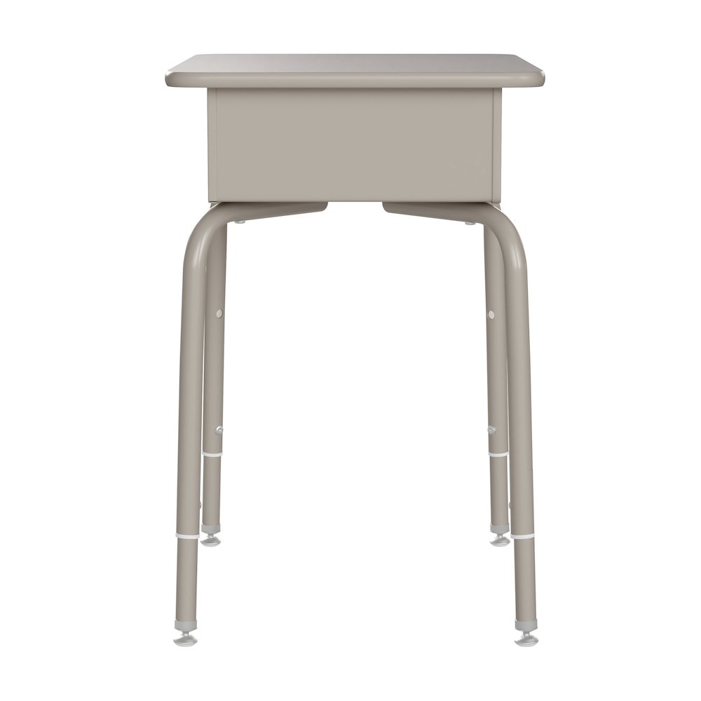 Desk with Open Front Metal Book Box, Gray Granite Desktop, Black Stack Chair. Picture 8
