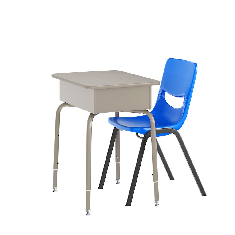 Desk with Open Front Metal Book Box, Gray Granite Desktop,  Navy Stack Chair. Picture 1
