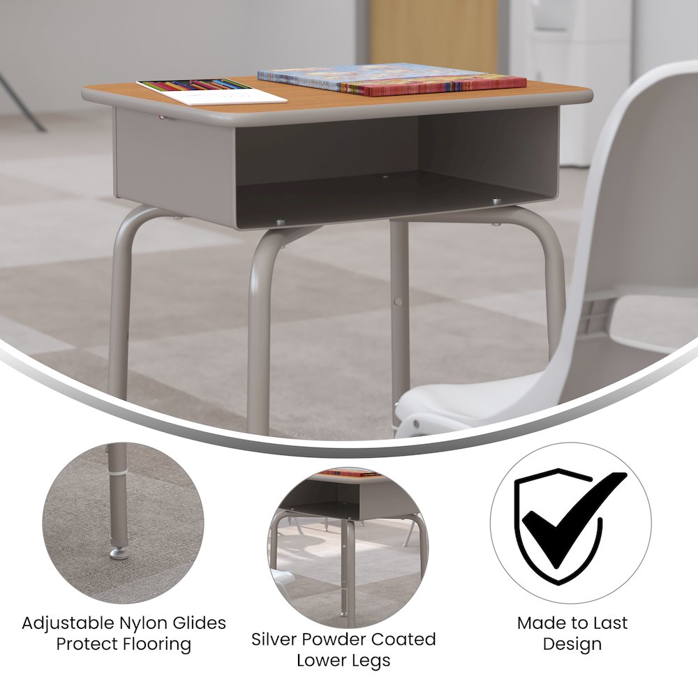 Student Desk with Open Front Metal Book Box - Walnut/Silver. Picture 4