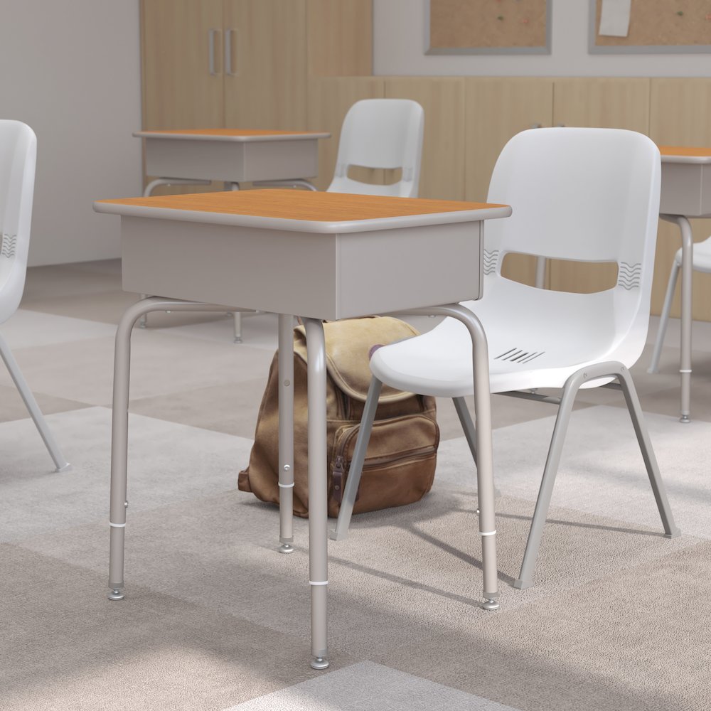 Student Desk with Open Front Metal Book Box - Walnut/Silver. Picture 6