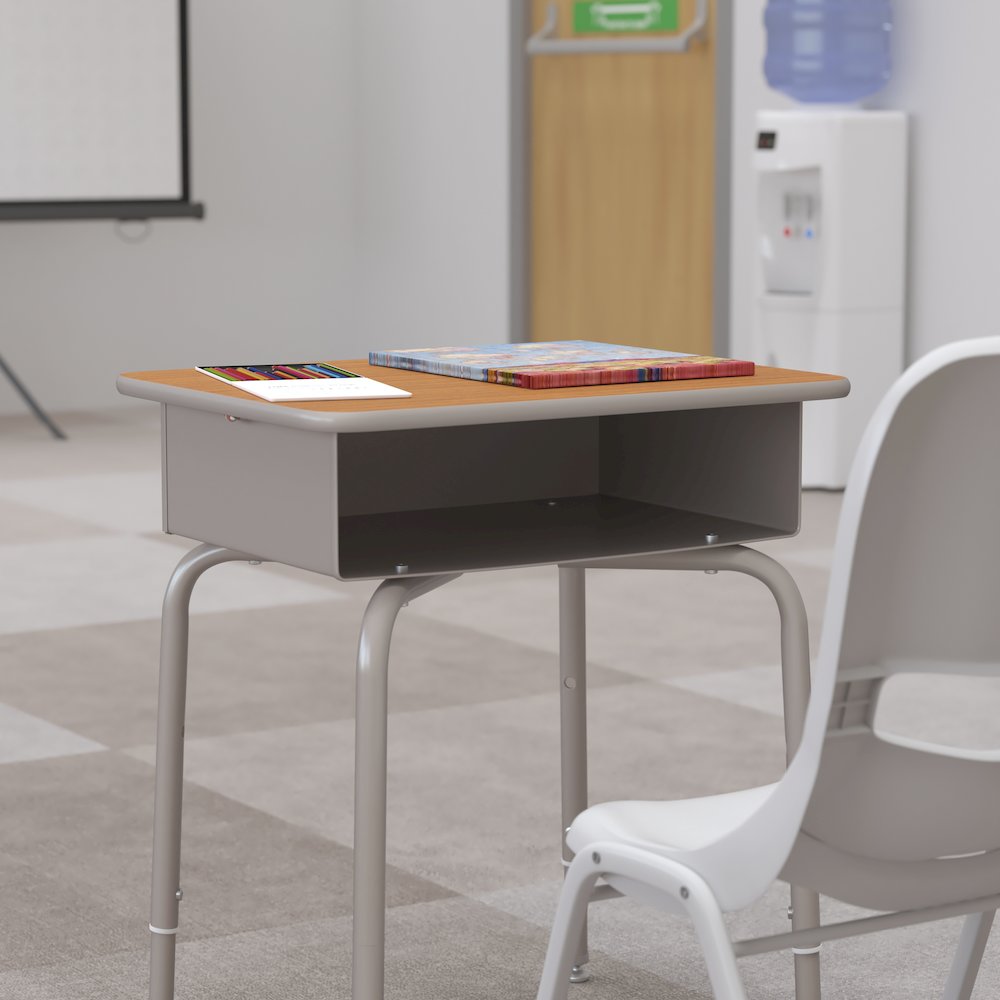 Student Desk with Open Front Metal Book Box - Walnut/Silver. Picture 7