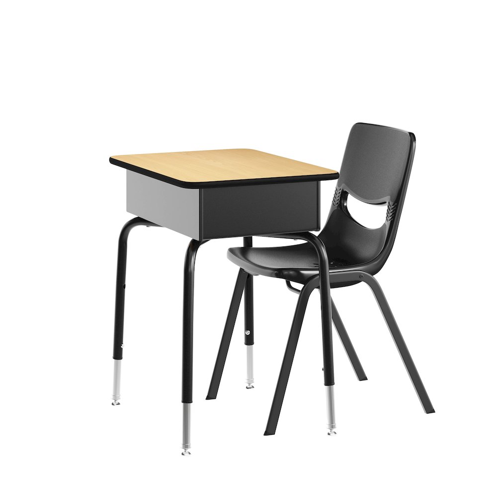 Desk with Open Front Metal Book Box, Natural Desktop, Black Stack Chair. Picture 1