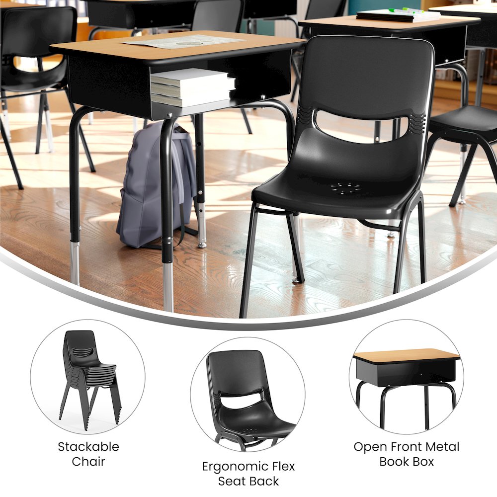 Desk with Open Front Metal Book Box, Natural Desktop, Black Stack Chair. Picture 4