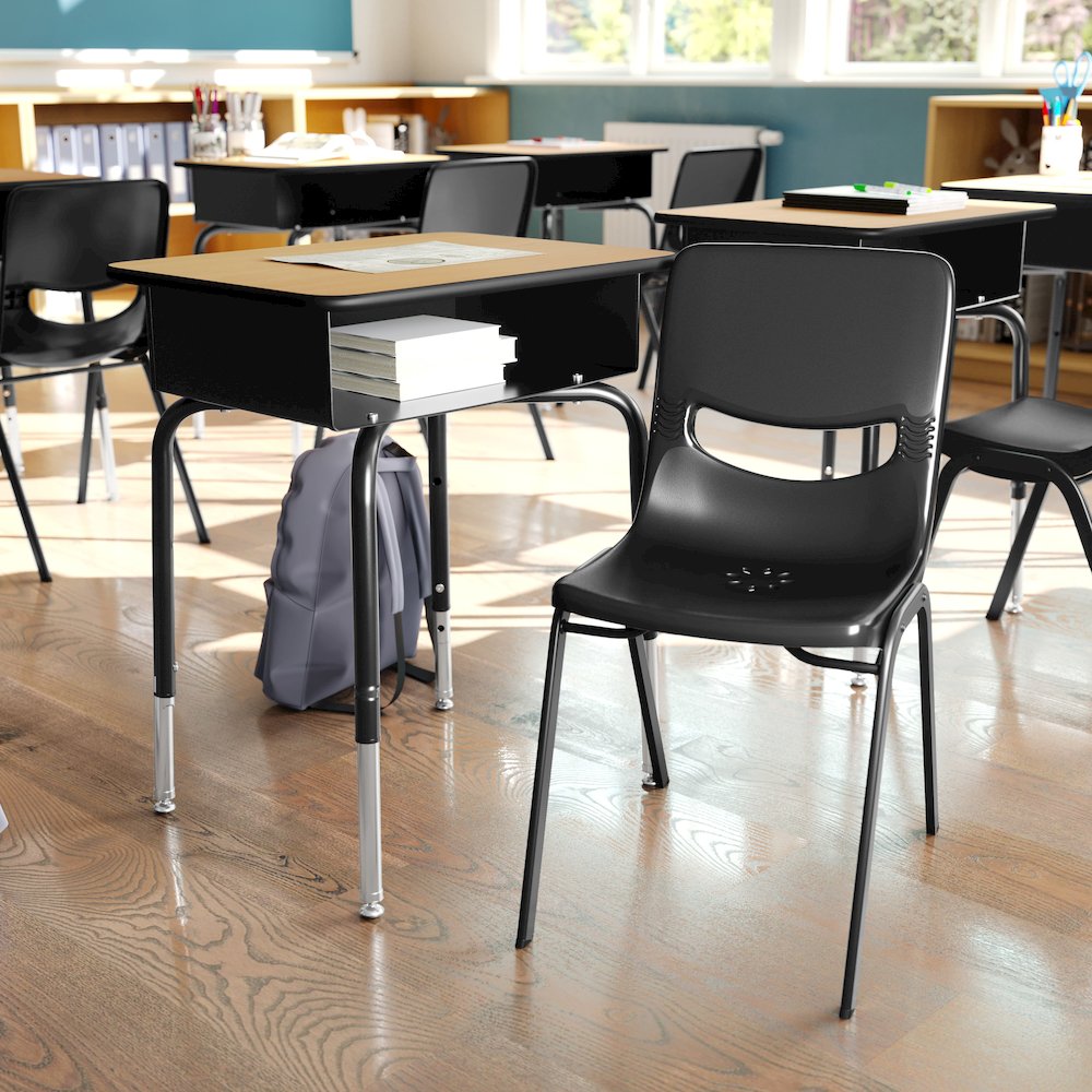 Desk with Open Front Metal Book Box, Natural Desktop, Black Stack Chair. Picture 3