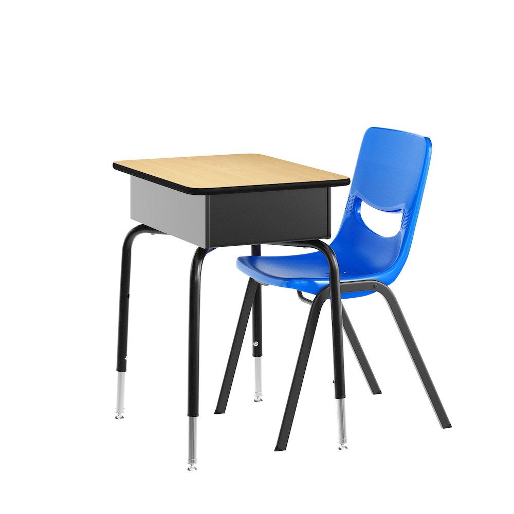 Desk with Open Front Metal Book Box, Natural Desktop, Navy Stack Chair. Picture 1