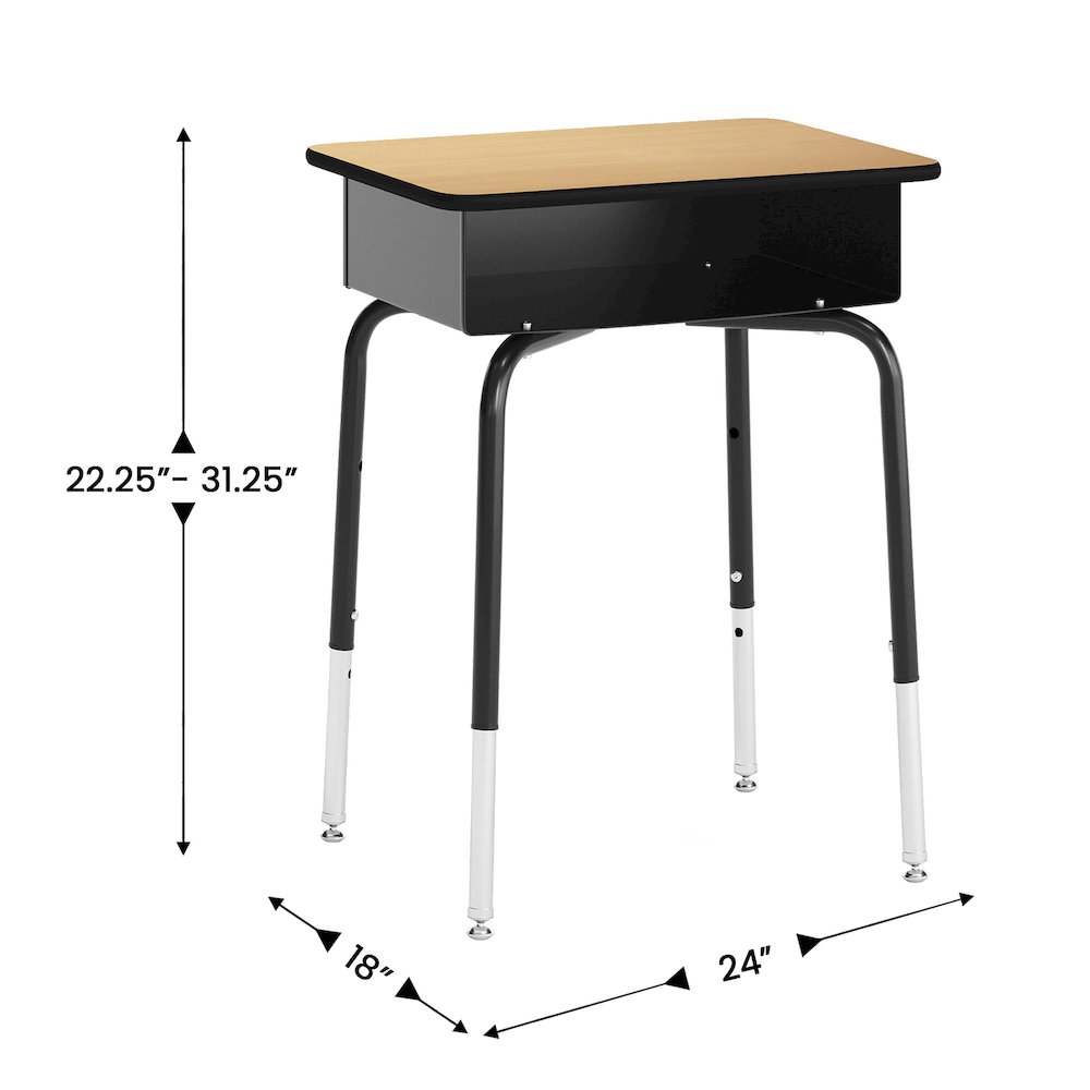 Desk with Open Front Metal Book Box, Natural Desktop, Navy Stack Chair. Picture 5