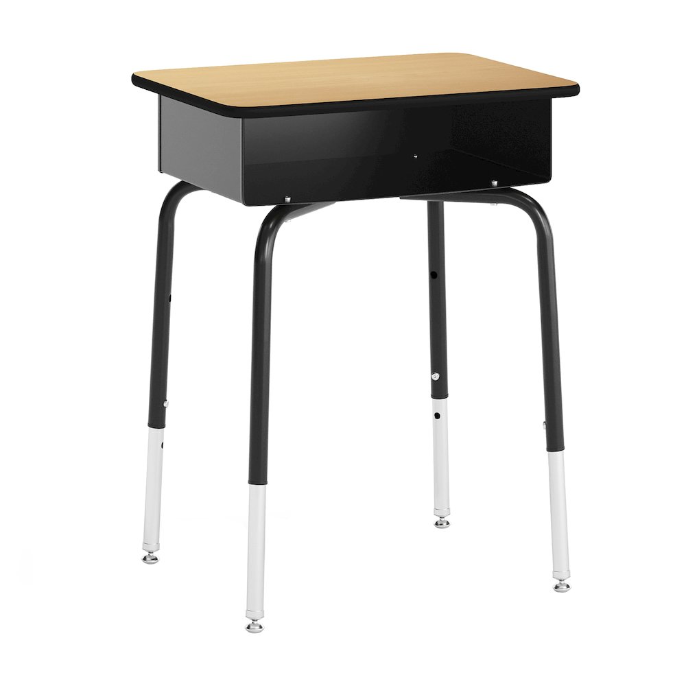 Desk with Open Front Metal Book Box, Natural Desktop, Navy Stack Chair. Picture 7