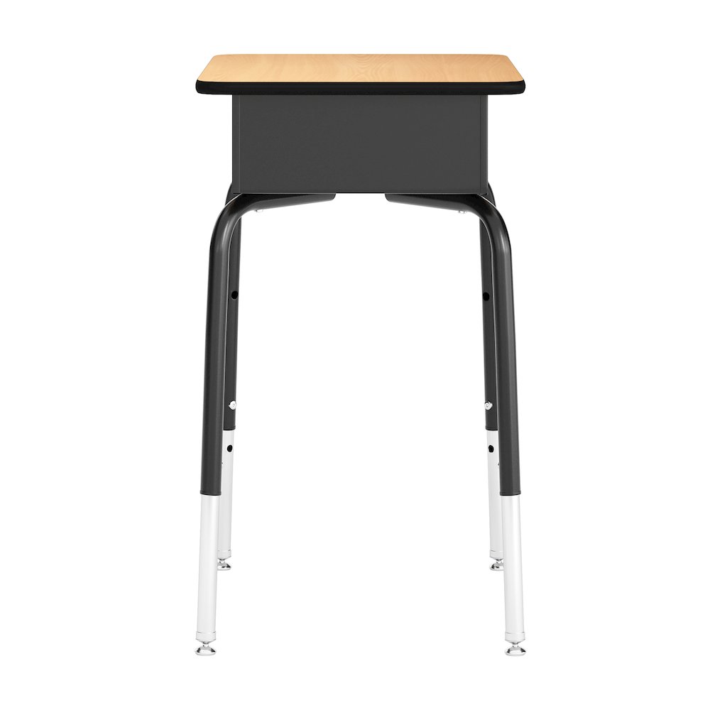 Desk with Open Front Metal Book Box, Natural Desktop, Navy Stack Chair. Picture 8