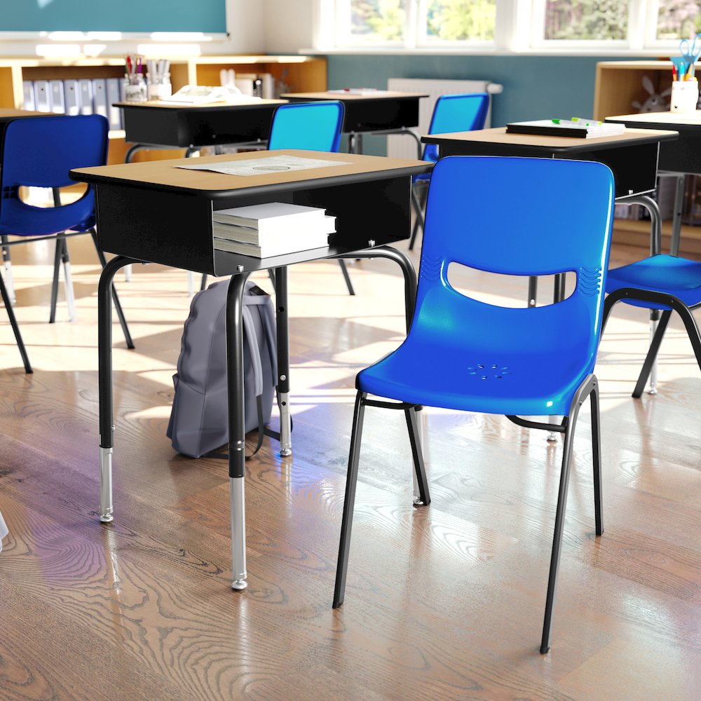 Desk with Open Front Metal Book Box, Natural Desktop, Navy Stack Chair. Picture 3