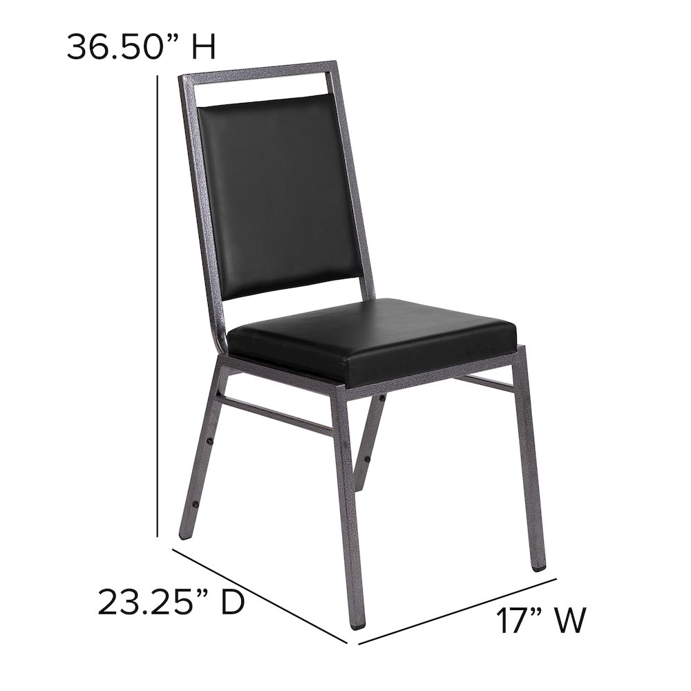Square Back Stacking Banquet Chair in Black Vinyl with Silvervein Frame. Picture 6