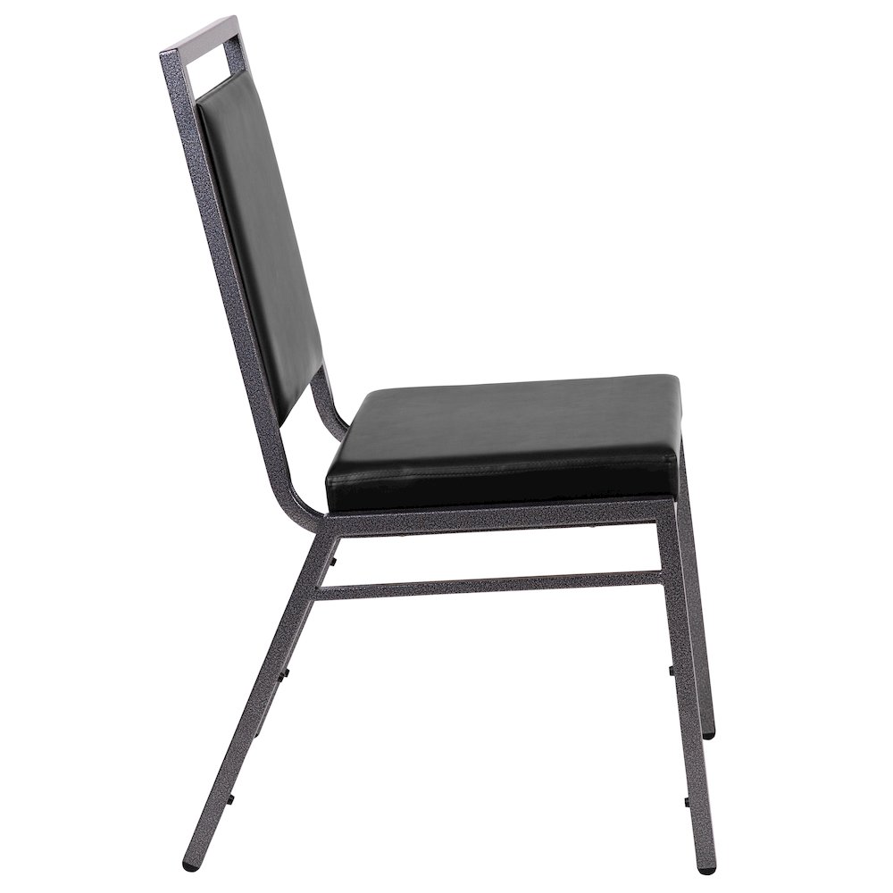 Square Back Stacking Banquet Chair in Black Vinyl with Silvervein Frame. Picture 9