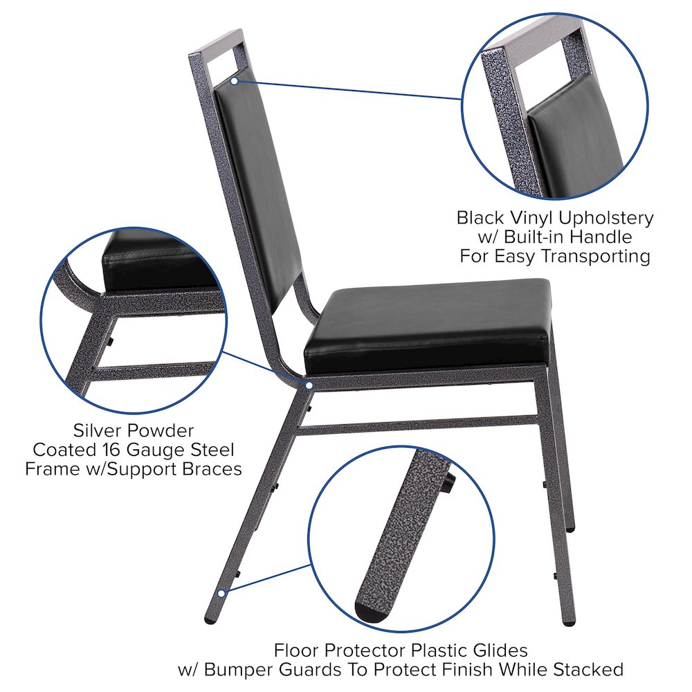 Square Back Stacking Banquet Chair in Black Vinyl with Silvervein Frame. Picture 5