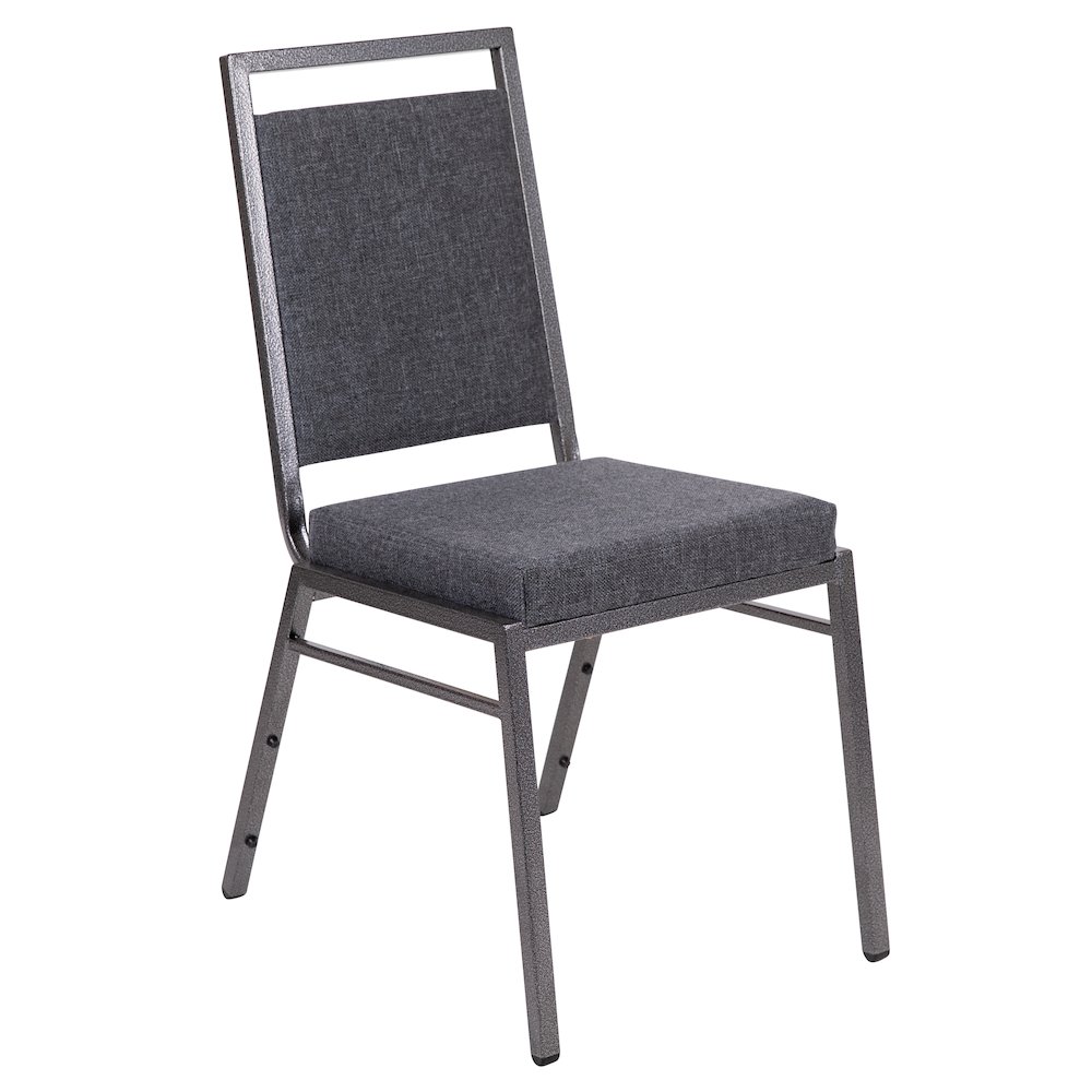Square Back Stacking Banquet Chair in Dark Gray Fabric with Silvervein Frame. Picture 1