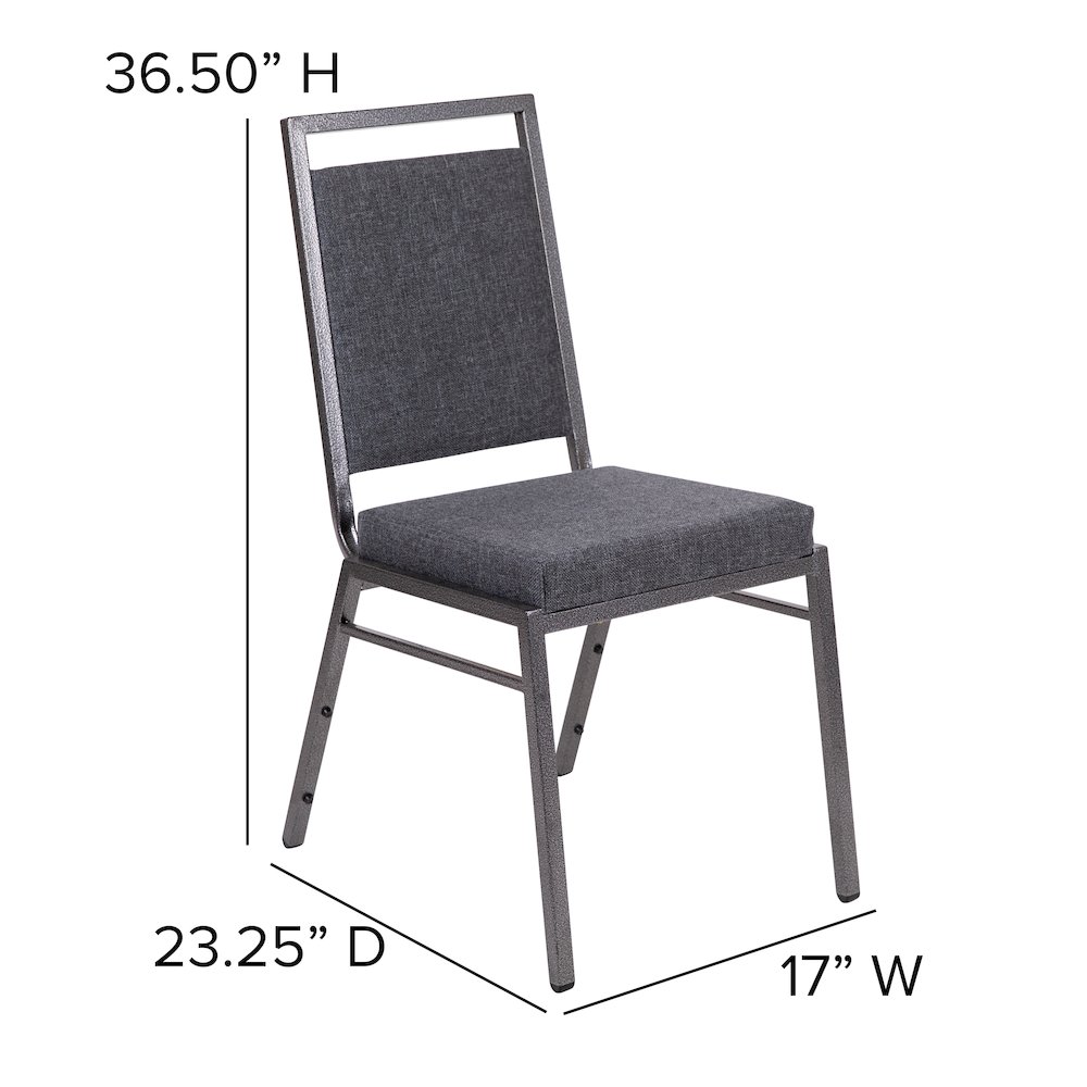 Square Back Stacking Banquet Chair in Dark Gray Fabric with Silvervein Frame. Picture 6
