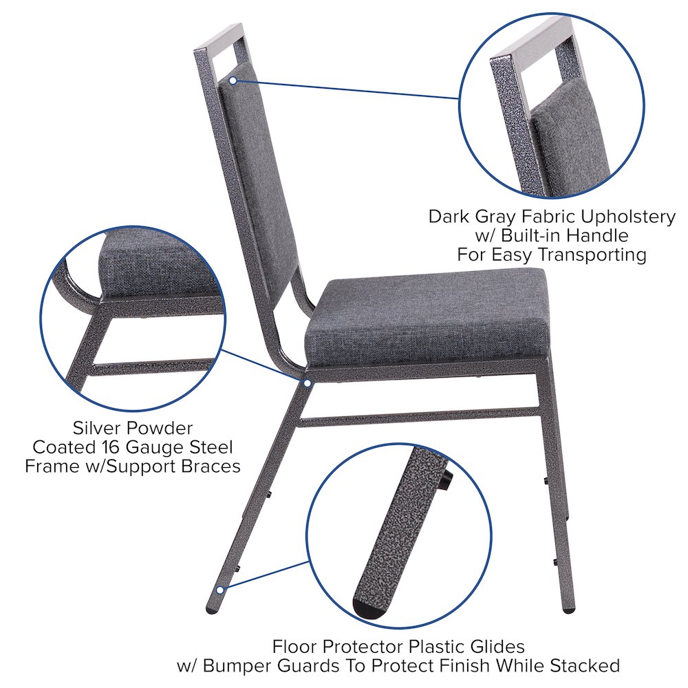 Square Back Stacking Banquet Chair in Dark Gray Fabric with Silvervein Frame. Picture 5