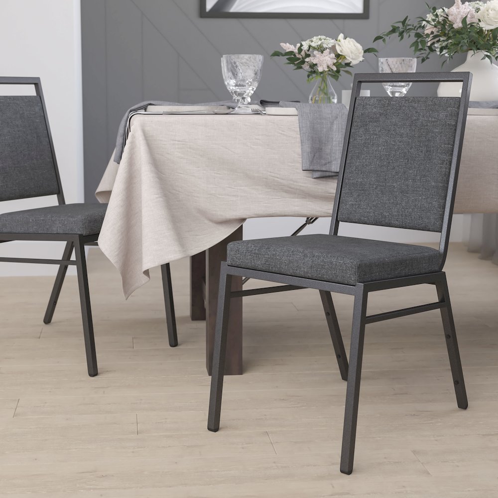 Square Back Stacking Banquet Chair in Dark Gray Fabric with Silvervein Frame. Picture 2
