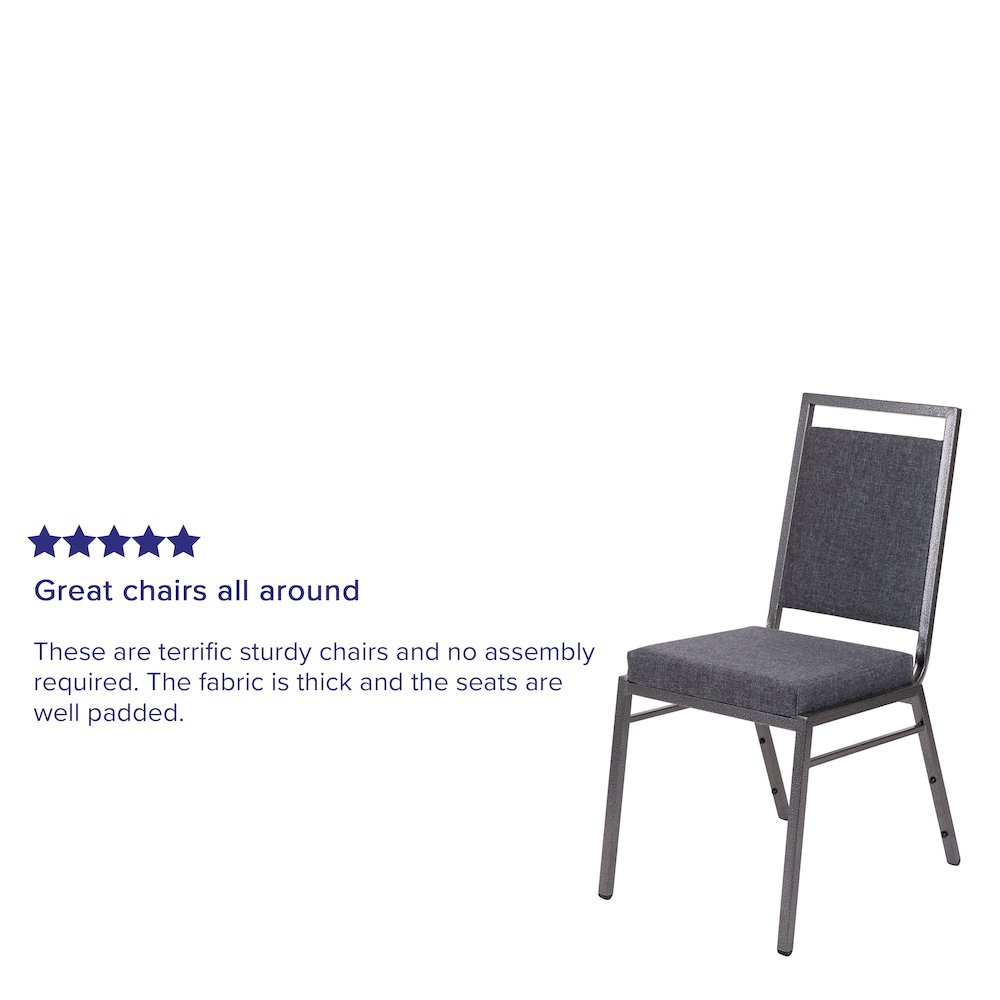 Square Back Stacking Banquet Chair in Dark Gray Fabric with Silvervein Frame. Picture 4