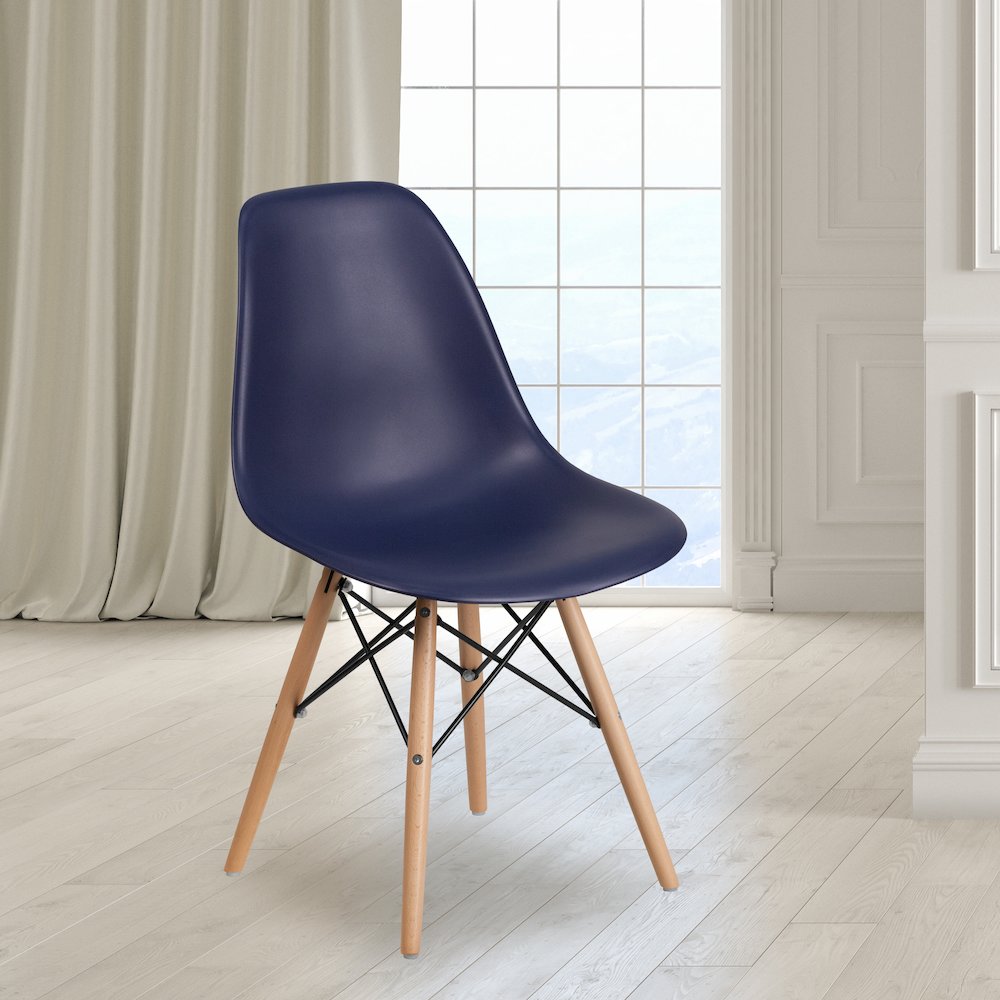 Navy Plastic Chair with Wooden Legs. Picture 2