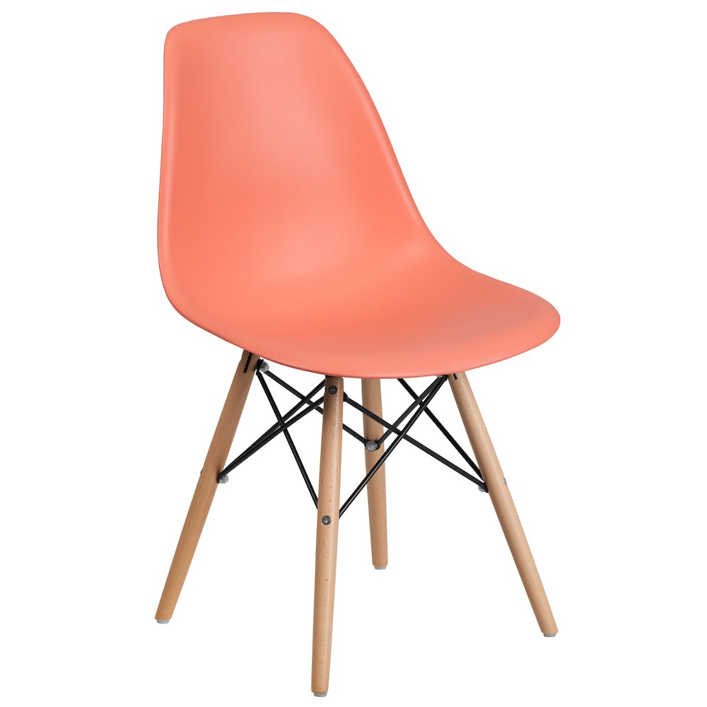 Peach Plastic Chair with Wooden Legs. Picture 1
