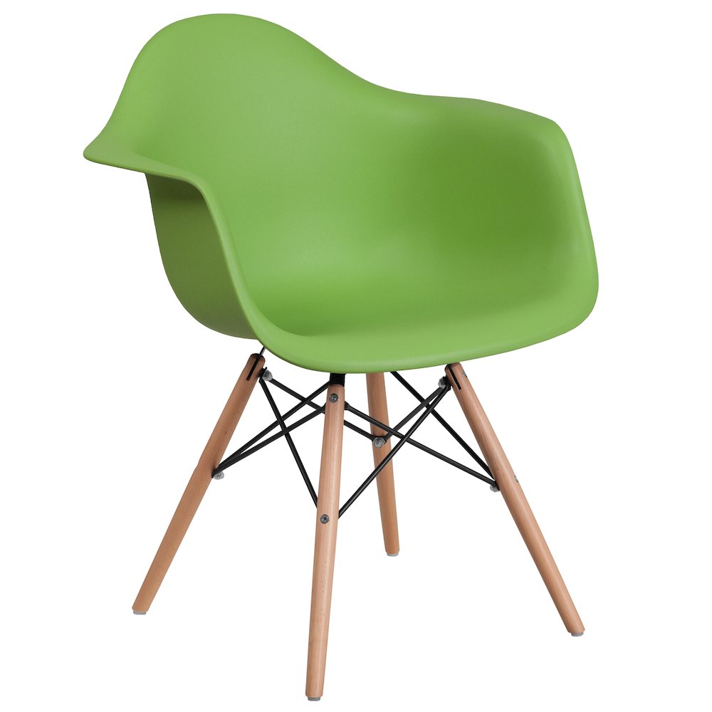 Green Plastic Chair with Wooden Legs. Picture 1