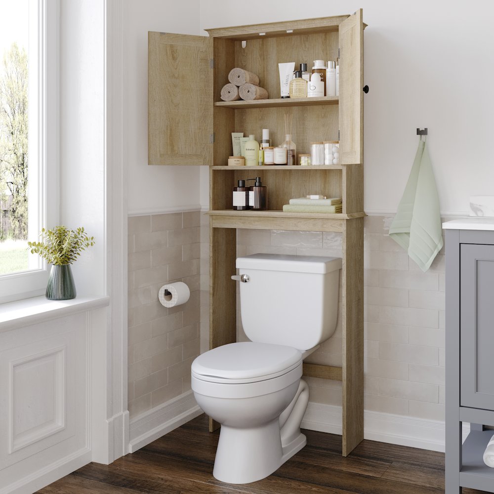 Farmhouse Style Over the Toilet Bathroom Storage Cabinet Organizer, Brown. Picture 7