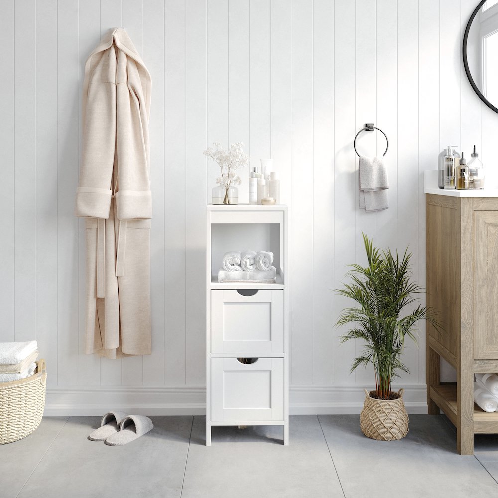 Farmhouse Bathroom Storage Organizer with Drawers, White. Picture 3