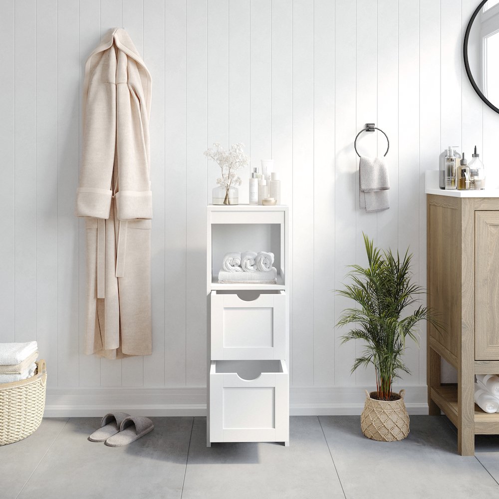 Farmhouse Bathroom Storage Organizer with Drawers, White. Picture 6