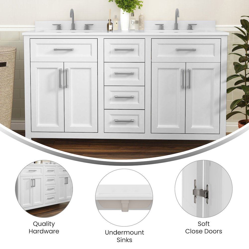 60 Inch Bathroom Double Vanity with 2 Sinks, 2 Storage Cabinets, White. Picture 4