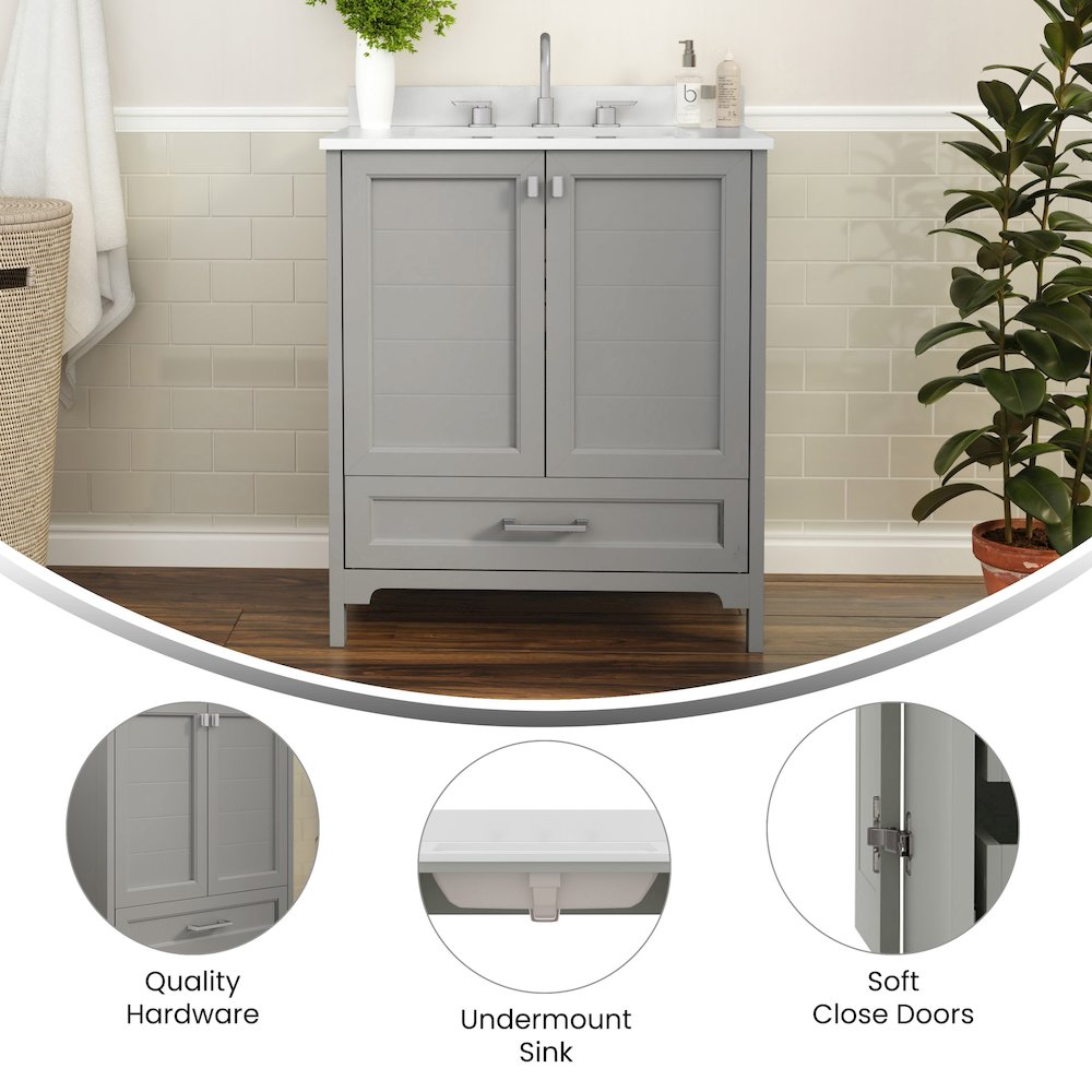 30in Bathroom Vanity with Sink, Storage Cabinet with Soft Close Doors, Gray. Picture 4
