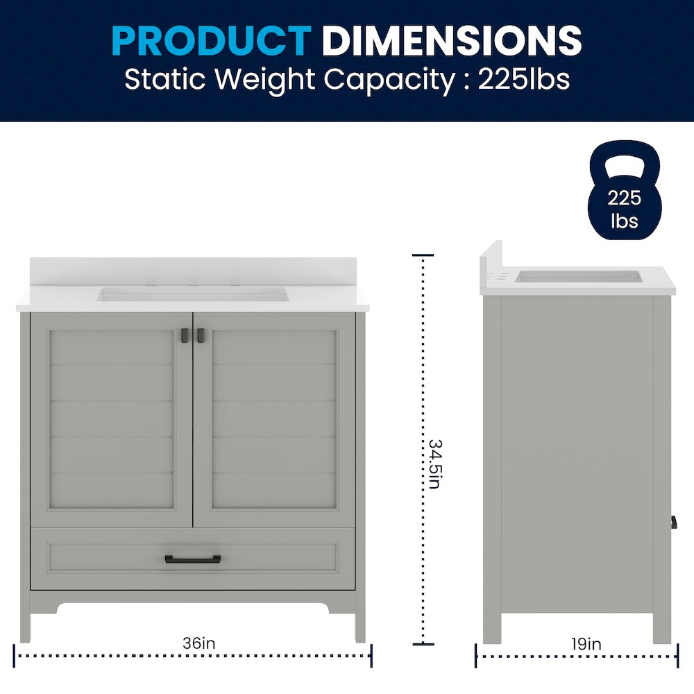 Haven 36" Bathroom Vanity with Sink, Storage Cabinet with Black Hardware, Gray. Picture 5
