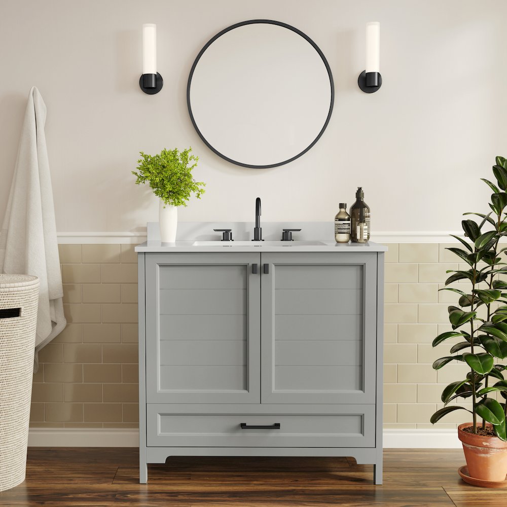 Haven 36" Bathroom Vanity with Sink, Storage Cabinet with Black Hardware, Gray. Picture 3