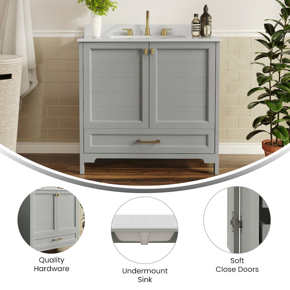 Haven 36" Bathroom Vanity with Sink, Storage Cabinet with Gold Hardware, Gray. Picture 4