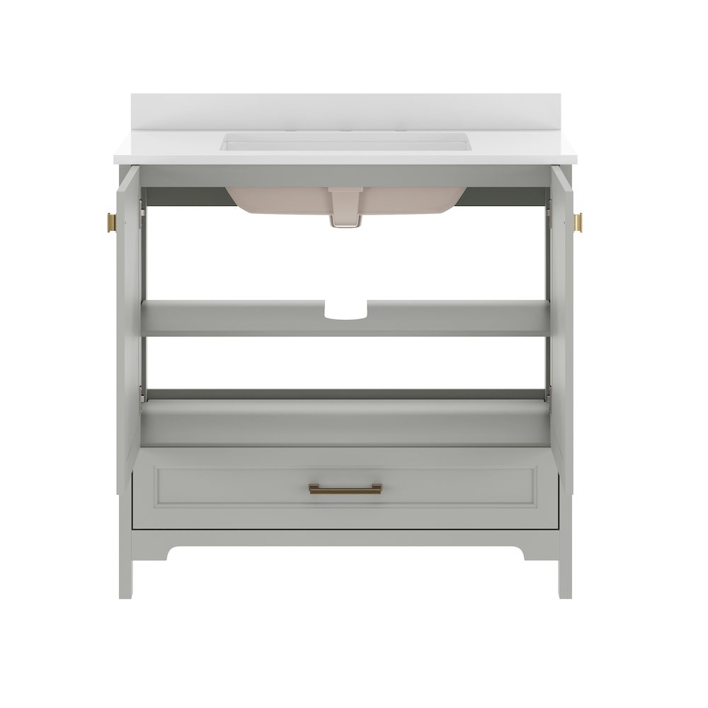Haven 36" Bathroom Vanity with Sink, Storage Cabinet with Gold Hardware, Gray. Picture 9