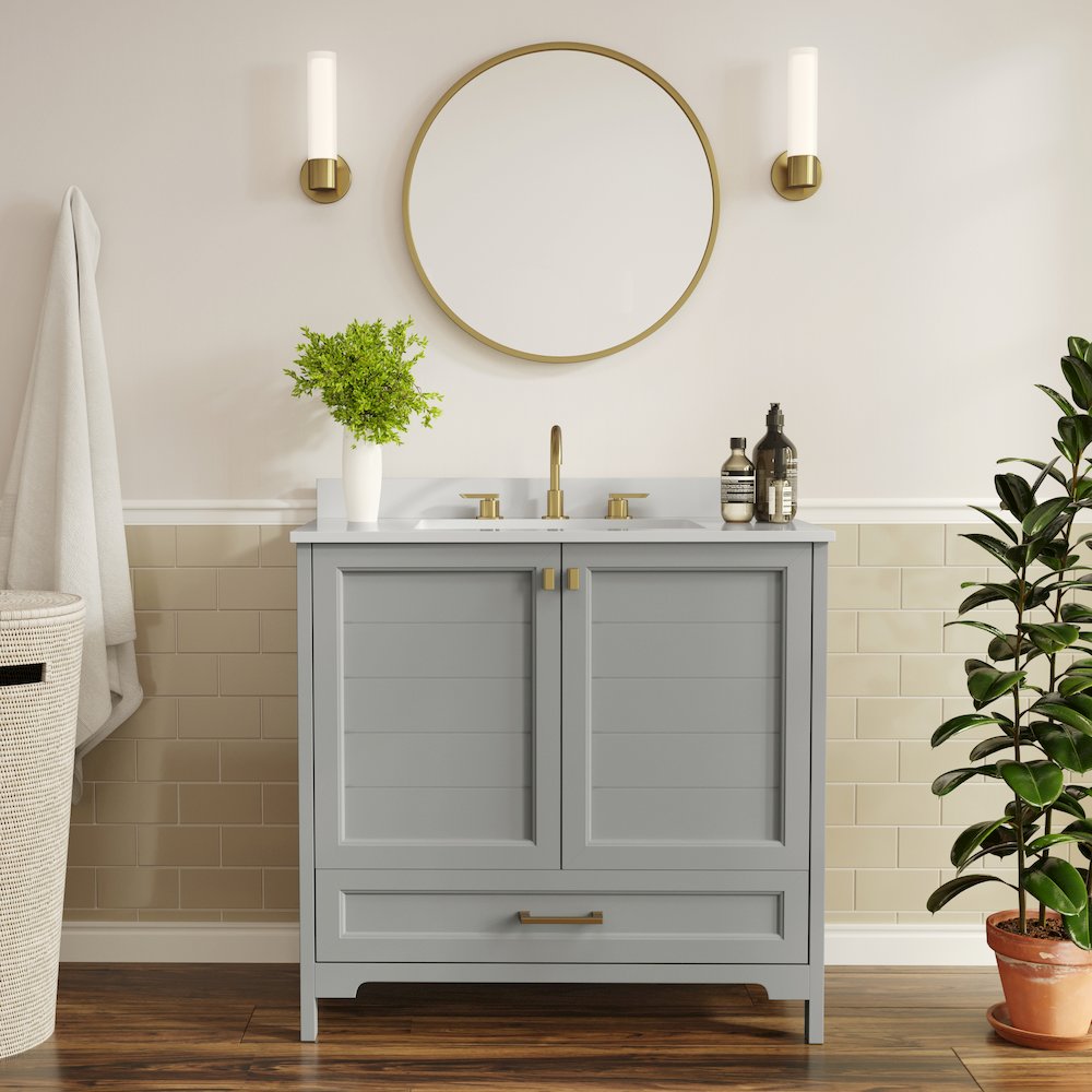 Haven 36" Bathroom Vanity with Sink, Storage Cabinet with Gold Hardware, Gray. Picture 3