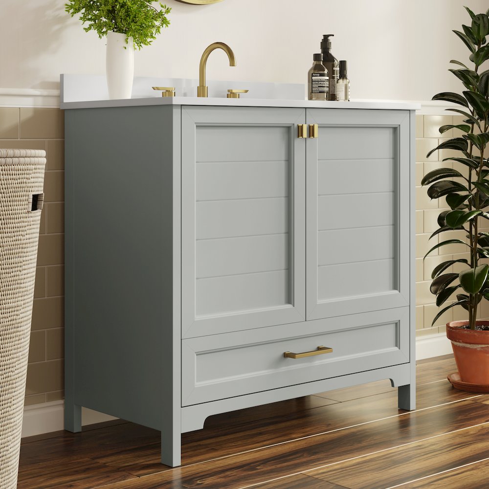 Haven 36" Bathroom Vanity with Sink, Storage Cabinet with Gold Hardware, Gray. Picture 6