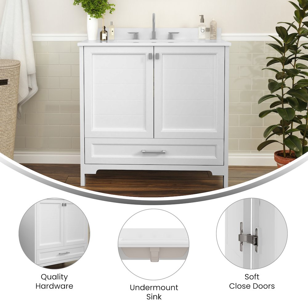 36in Bathroom Vanity with Sink, Storage Cabinet with Soft Close Doors, White. Picture 4