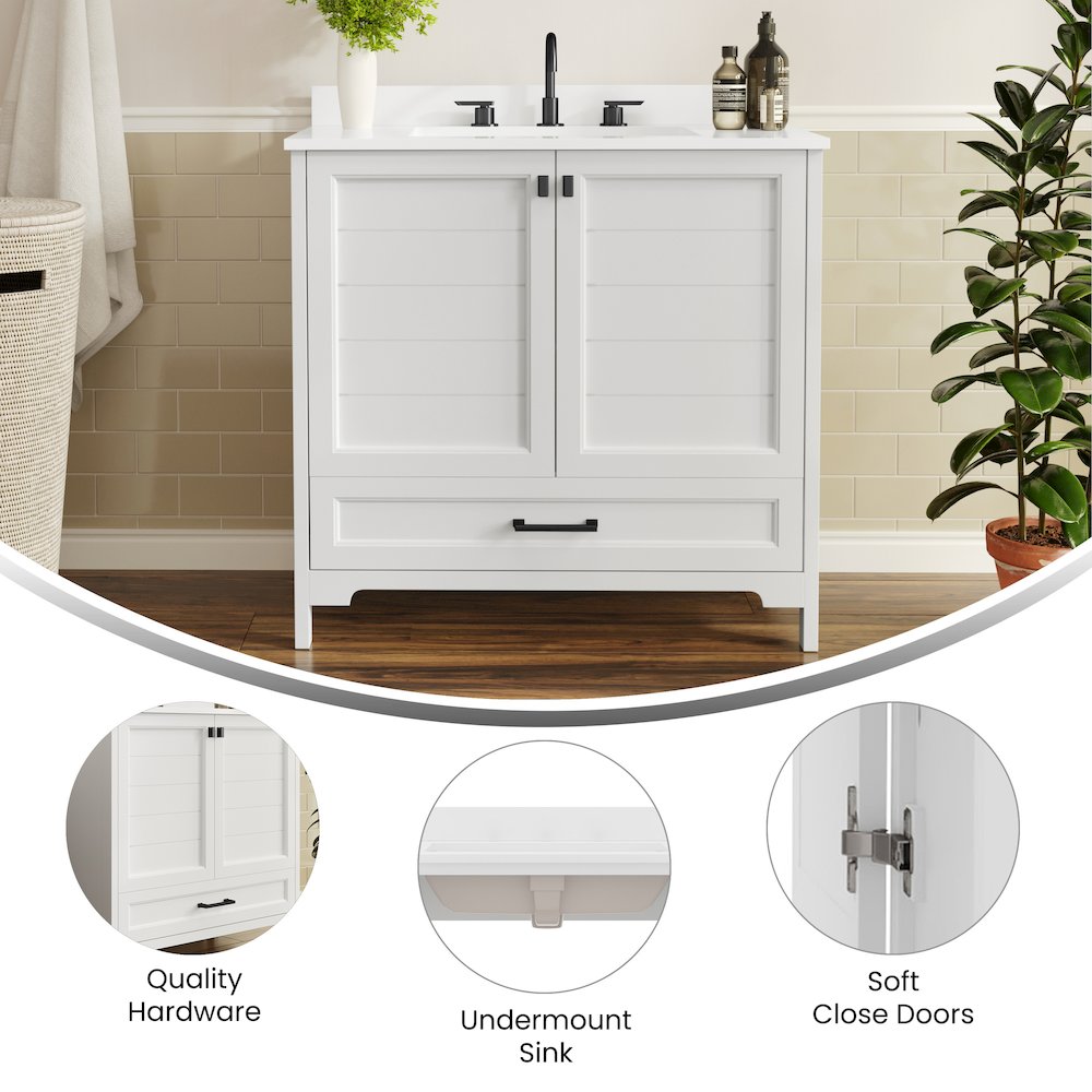 Haven 36" Bathroom Vanity with Sink, Storage Cabinet with Black Hardware, White. Picture 4